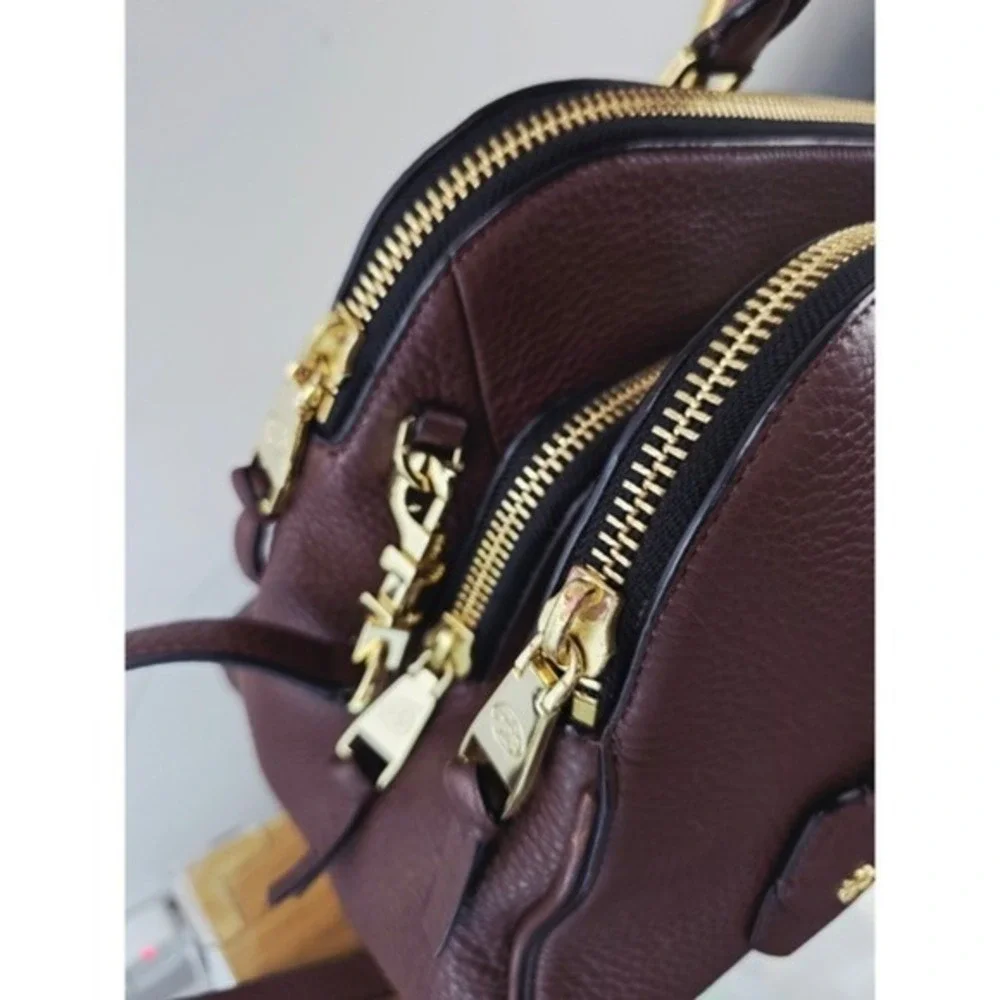 Tory Burch‎ Robinson Pebbled Leather Triple Zip Compartment Satchel Brown Gold